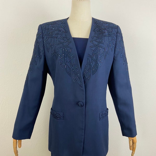 Vintage 80s Navy Blue Embellishing Sequin Sleeve And V-Neck Elegant Pencil Midi Skirt And Jacket Suit Set By John Meyer Of Norwick, Size-12.