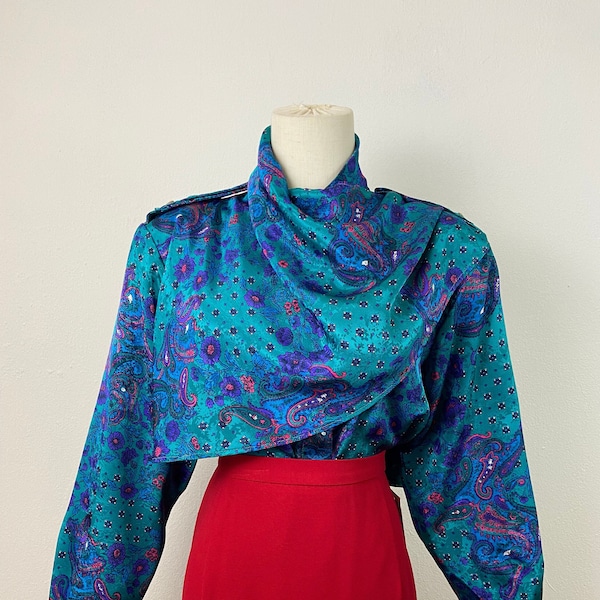 Vintage 80s Gay Boyers Couture Crepe Jacguard Print Sophisticate Blouse, Size-10, Elegant Blouse With Side Scarf, Evening Cocktail tops.
