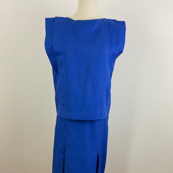 Vintage 79s Royal Blue Cotton Linen Sleeveless Plated Shoulders Top And Skirt Set Dress Dead Stock By Jos. A. Bank, Size-4, Summers Dress.