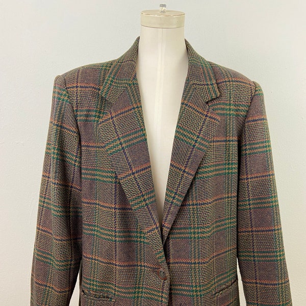 Vintage 80s Oversized Herringbone Plate Wool Print Blazer By SAG HARBOR, Size-16, Spring Wool Blend Long Blazer-Jacket, Street Fashion.