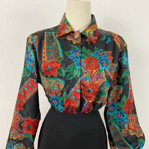 Vintage 90s Brocade Jacquard Print Satinad Blouse By Notation, Elegant Brilliant Colors Blouse-Top, Unisex Blouse, Sophisticate Blouse, S-6