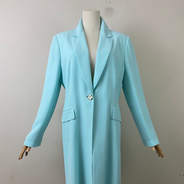 Vintage 80s Aqua Light Blue Long Luterson Tailored Retro Style Vibes from 50s Coat For Blushe By SPIEGEL, Size-12