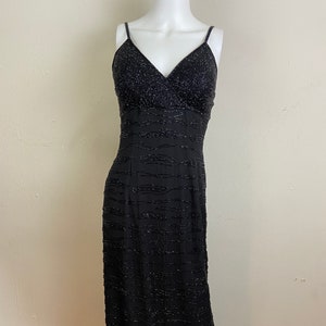 Vintage 80s SEAN Collection Silk Chiffon Embellished Sequin Beaded Evening Gown Long DRESS /BLACK Formal Halter Dress/Size-M