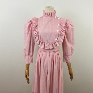 Vintage 70s Country Style Cotton Red And White Candy Stripe Skirt And Shirt Dress By FC Ltd., Ruffle Collard And Chest Shabby Chic Dress.