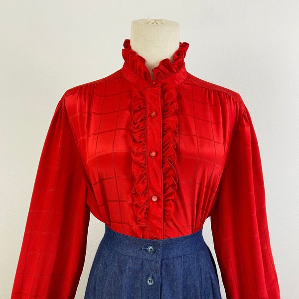 Vintage 70s Ruffle Collar And Panel Chest Old Secretary Blouse By Laura Mae, Size-16, Puffy Sleeves Red Plaided Print Blouse-Tops, Funky Top