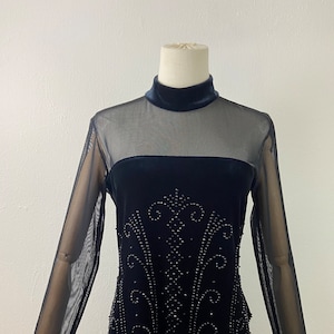 Vintage 80s Black Velvetier Novelty Top With Sheer Long Sleeves Party Blouse By J.R.  Nites Calindo, size-10, Long Sleeves Tang Party Tops.
