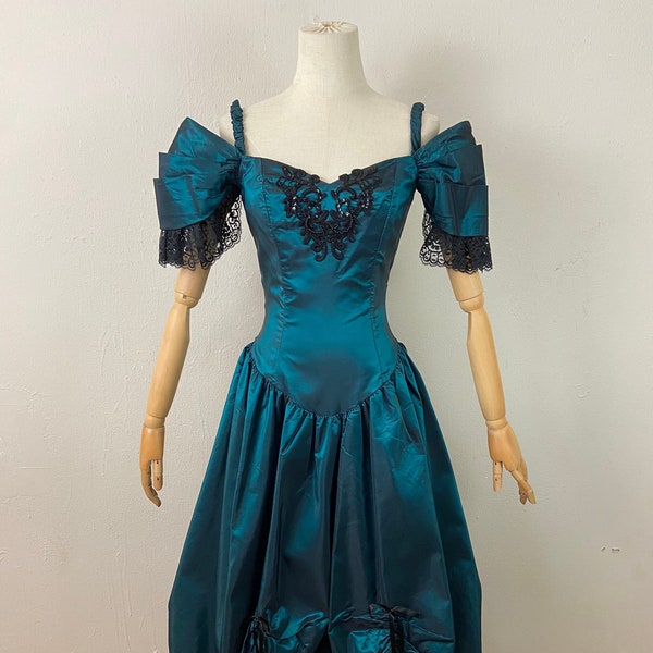 Vintage 80s Edwardian Style Black Lace Dark Litmus Teal Satin Gown Evenings Dress BY Alfred Angelo, Victorian Style Party Formal Dress.