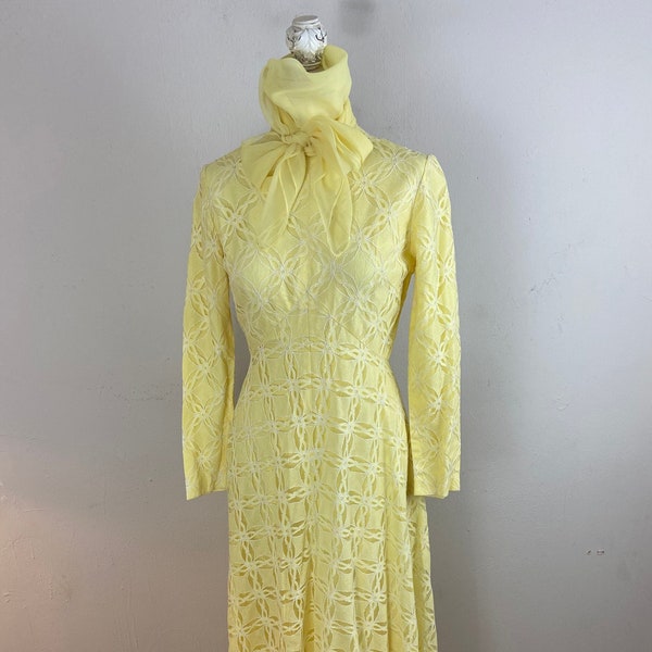 Vintage 60s Intricate Yellow LACE EMPIRE Dress with Long Sleeves,Open  BURNOUT-Style CollarChiffon Band/Boho Hippie Maxi Dress