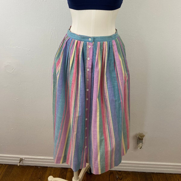 Vintage 80s Cotton Stripe Madras Pastel Vivid Colors Midi Soft Plated Buttons Fronts Sport Casual Skirt By RAPH LAUREN, Size-10.