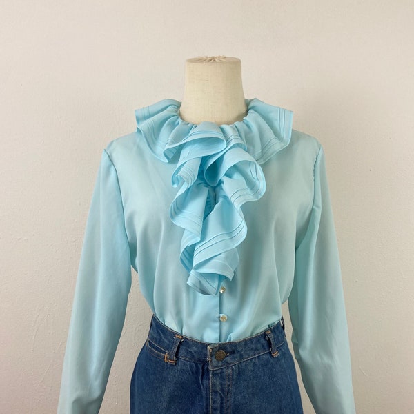 Vintage 60s Light Blue Crepe Trimmed Ruffles Collard, Chest And Cuff Classic Party Retro Blouse-Tops By Fashion By Gregory, size-14.