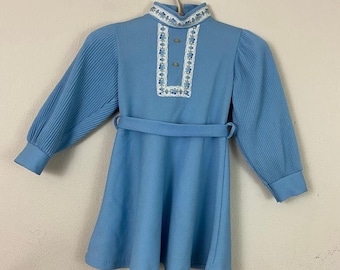 Vintage 60s Blue Mini Dress: Boho Cotton Applique, Girls Size