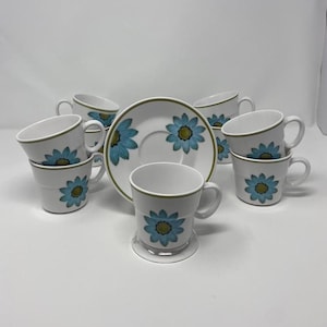 Vintage Noritake Progression china Daisy Pattern Blue floral 9 set of Coffee Cups and Saucers Set of 9 6onz