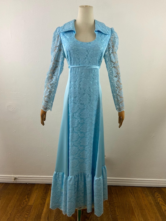 Vintage 70s Blue Lace Trim Maxi Dress: Imperio Evening Bridesmaid Gown Vintage 70s Blue Lace Trim Maxi Dress: Imperio Evening Bridesmaid Gown