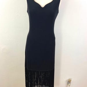 Vintage Late 80s Black Midi Doble Fringe Sleeveless Sweetheart Party Dress By TOGETHER, Size-L, 30s Style Black Fringe Dress, Dance Dress.