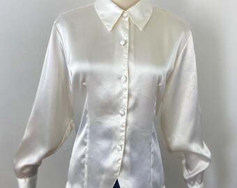 Vintage 80s Off White Sateen Back Tied Long Sleeves Elegant Blouse By ShipNShore, Size-10
