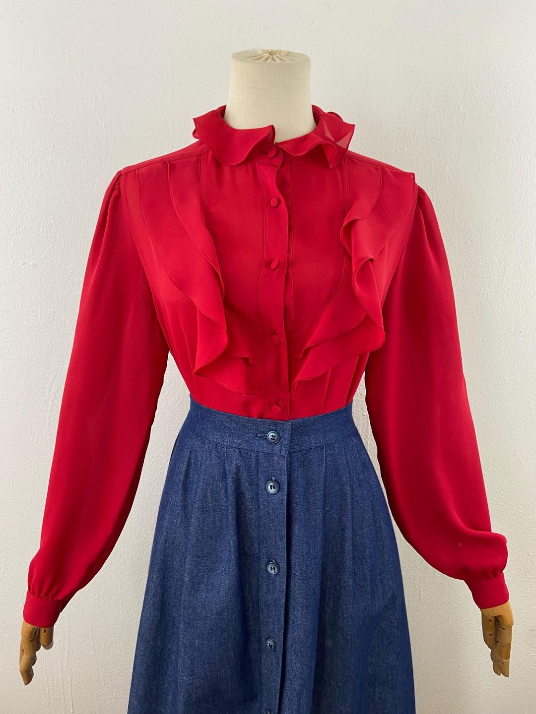 Vintage 80s Fuchsia Soft Ruffle Collar and Chest Long Sleeves Elegant ...