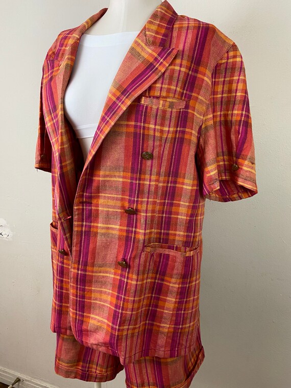 Vintage 80s Madras India Linen Orange Fucsia Plat… - image 9