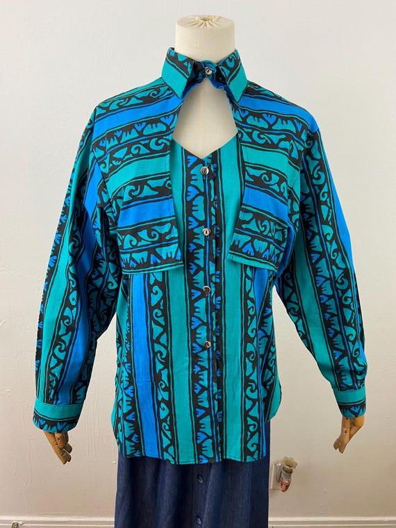 Vintage 80s Patterned Cotton Top: Vivid Multi Greens, Open Pockets