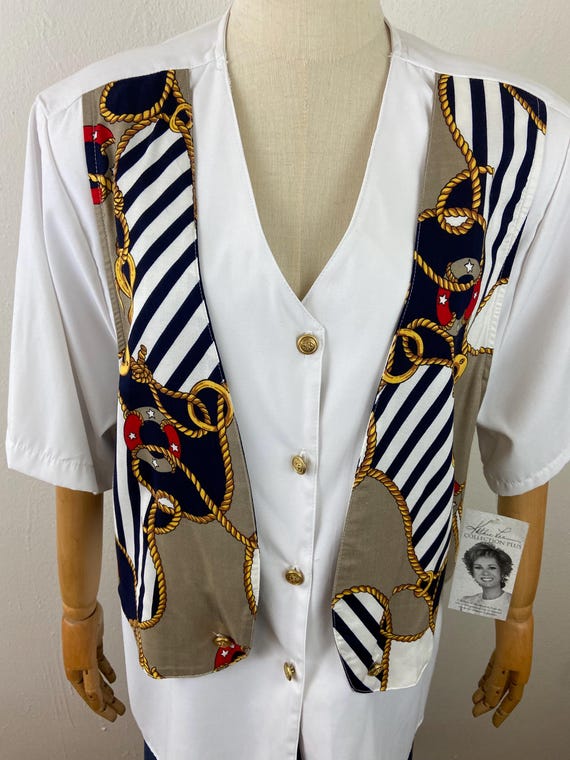 Vintage 80s Nautical Print Blouse with Attached V… - image 10