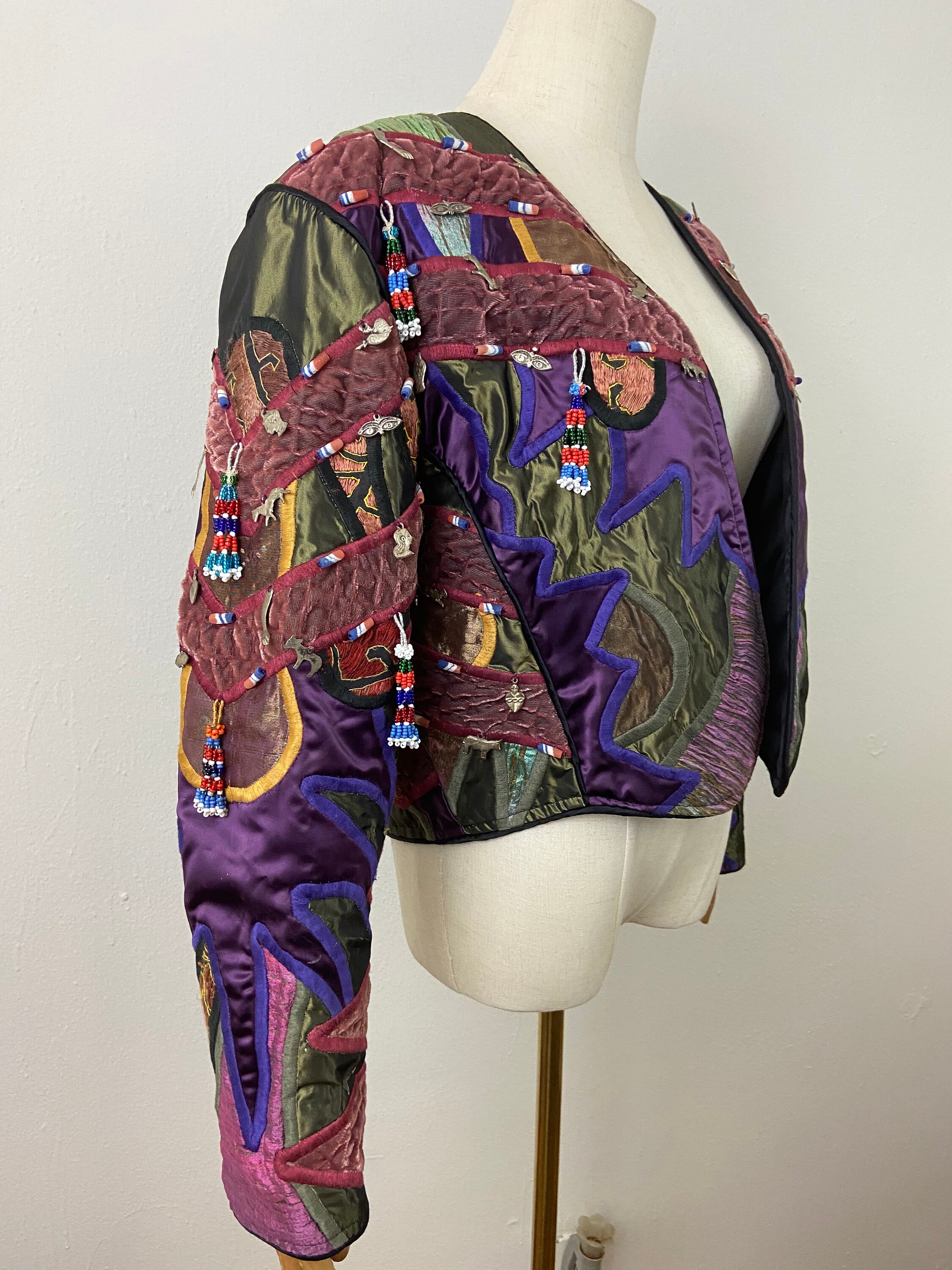 80’s Mexican Folk Art Patchwork Beaded Jacket Coat by Judith Roberts Mexico main image 1