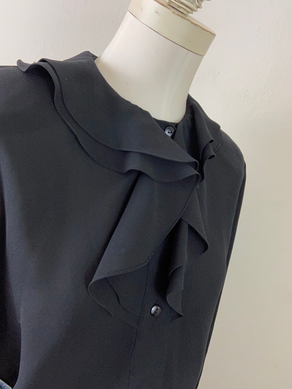 Vintage 90s Black Chiffon Ruffle Blouse - Romantic Balloon Sleeve 