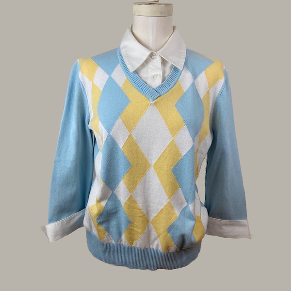 Vintage Sky Blue Diamond Pattern Sweater Yellow with White Shirt with Cuffs
