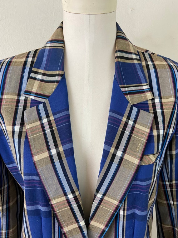 Vintage 90s Silk Linen Blue Tan Striped Tailored … - image 3