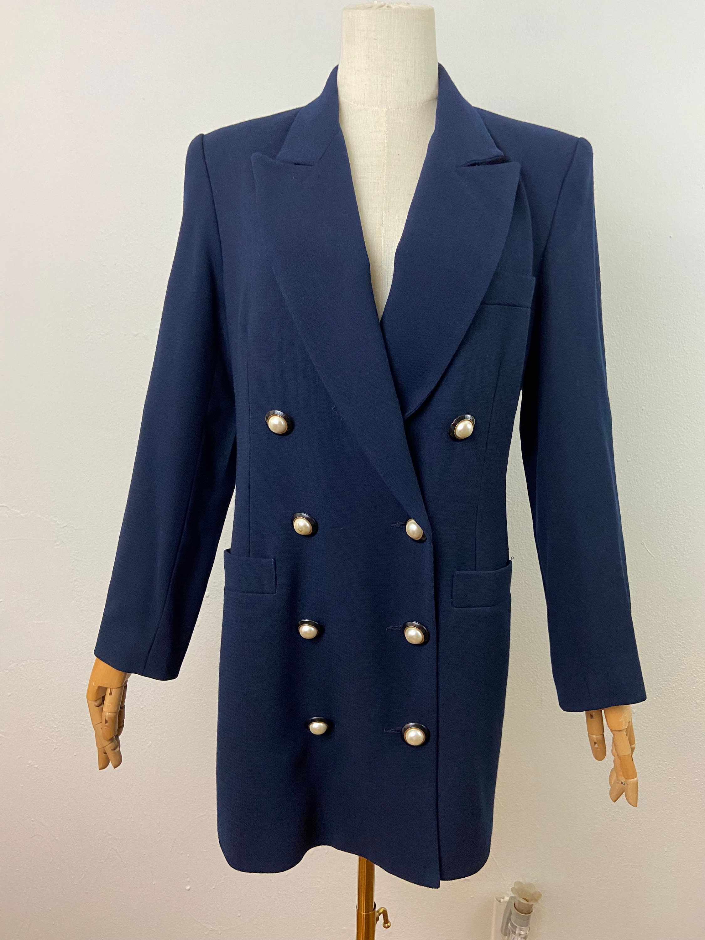 Vintage 90s Navy Blue Marine Style Wool Oversize Blazer, Chunky Perl Buttons Design Couture Blazer-Jacket, size-9