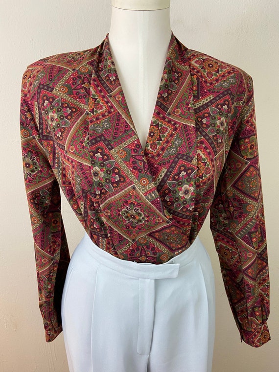 Vintage 80s Printed Rayon Drapery Blouse By Regina