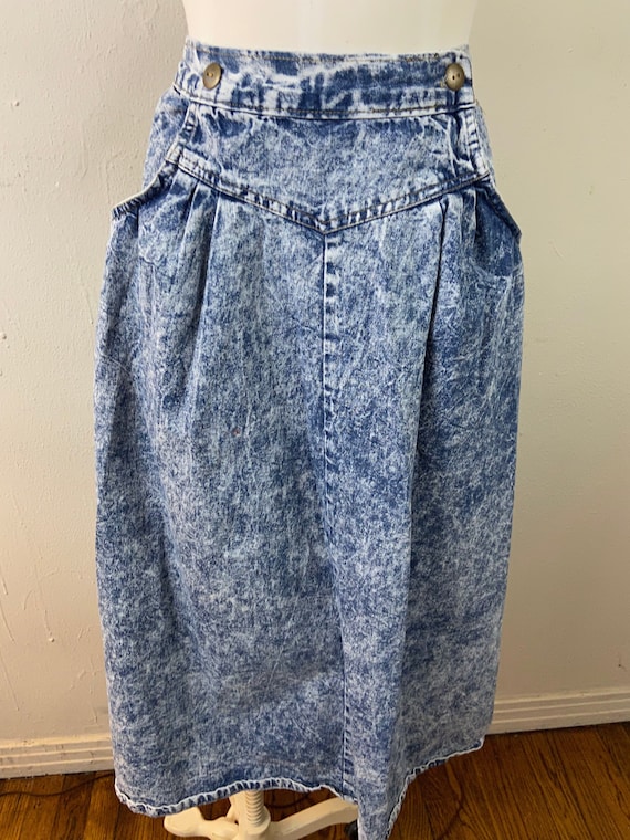 80s Acid wash midi denim skirt High waist blue skirt Size Medium