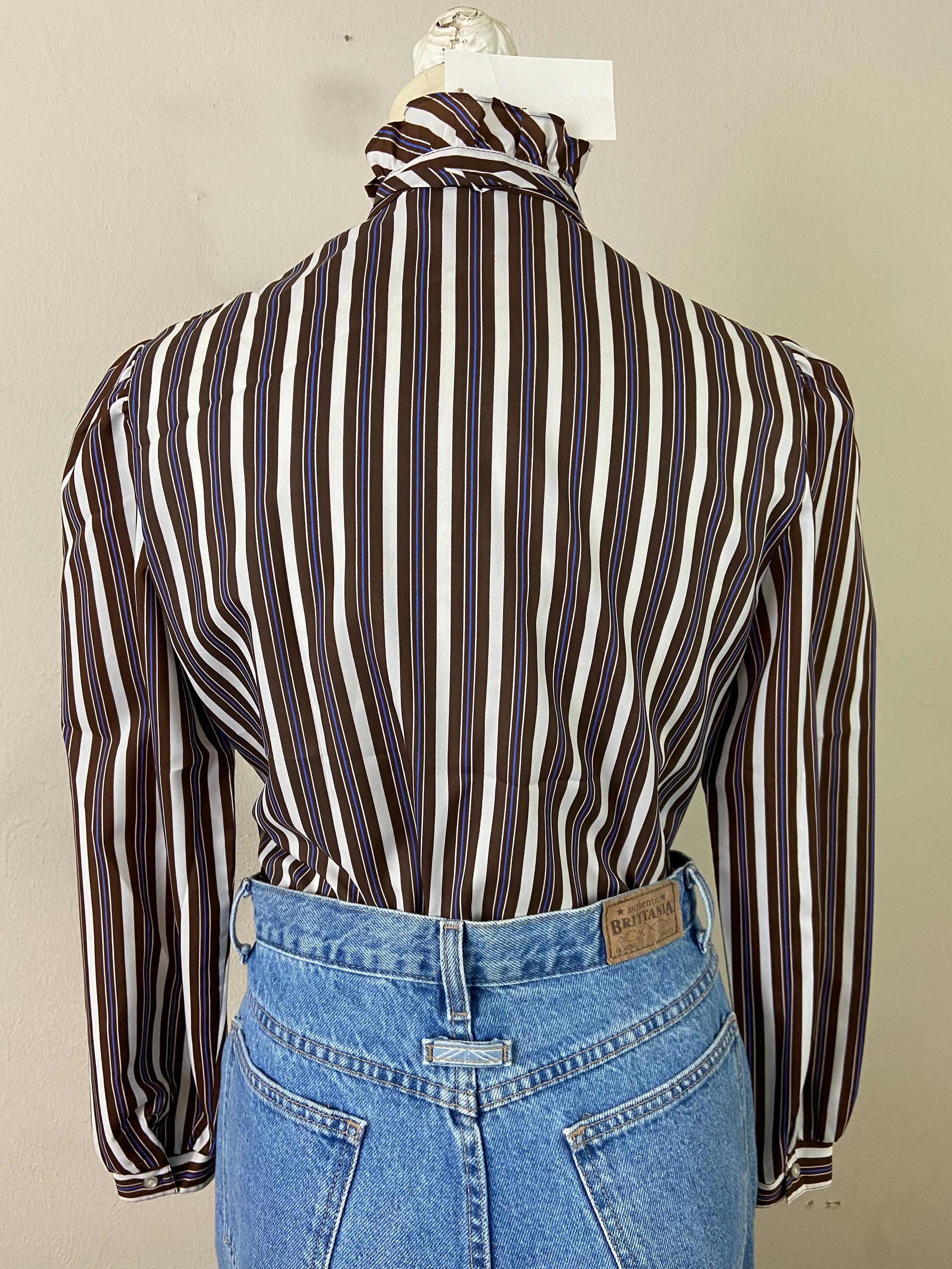 Vintage 70s Collared Ribbon Bohemian Strip Blouse, Elegant