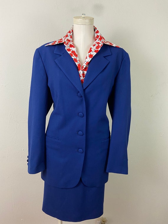Vintage 90s Navy Blue Midi Skirt Wool Blazer Suit 