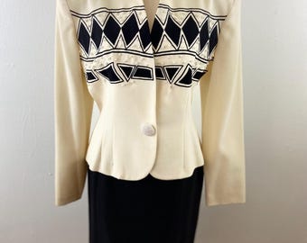Vintage 80s Wool Blazer and Skirt Suit Set: Black, Beige, Pearls, Italian Designer