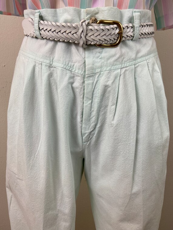 Vintage 80s Pale Mint Green Cotton High Waist Tro… - image 2