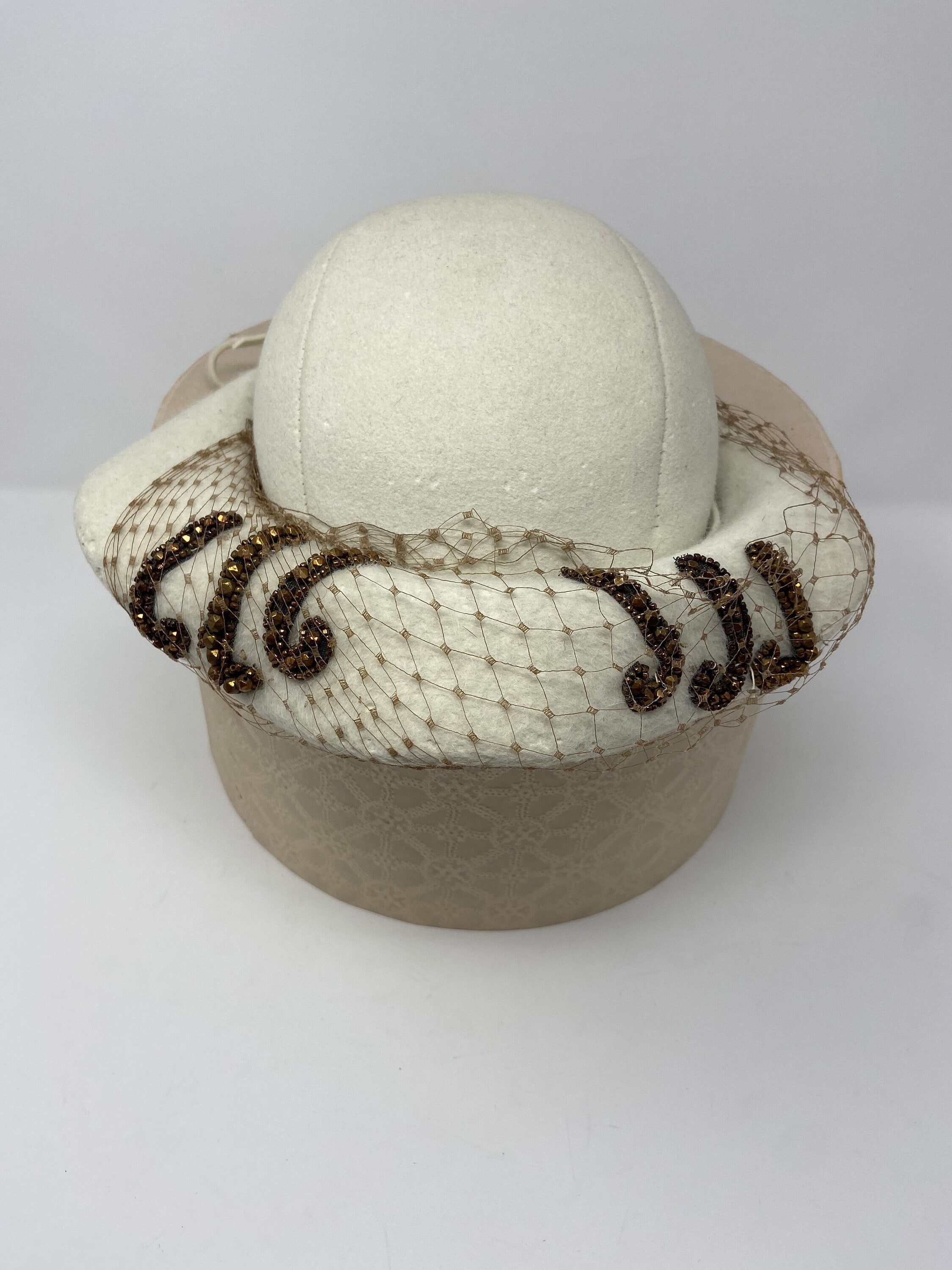 Vintage 50s Beige Felt Hat: Copper Beaded Netting, Doris  display picture 3