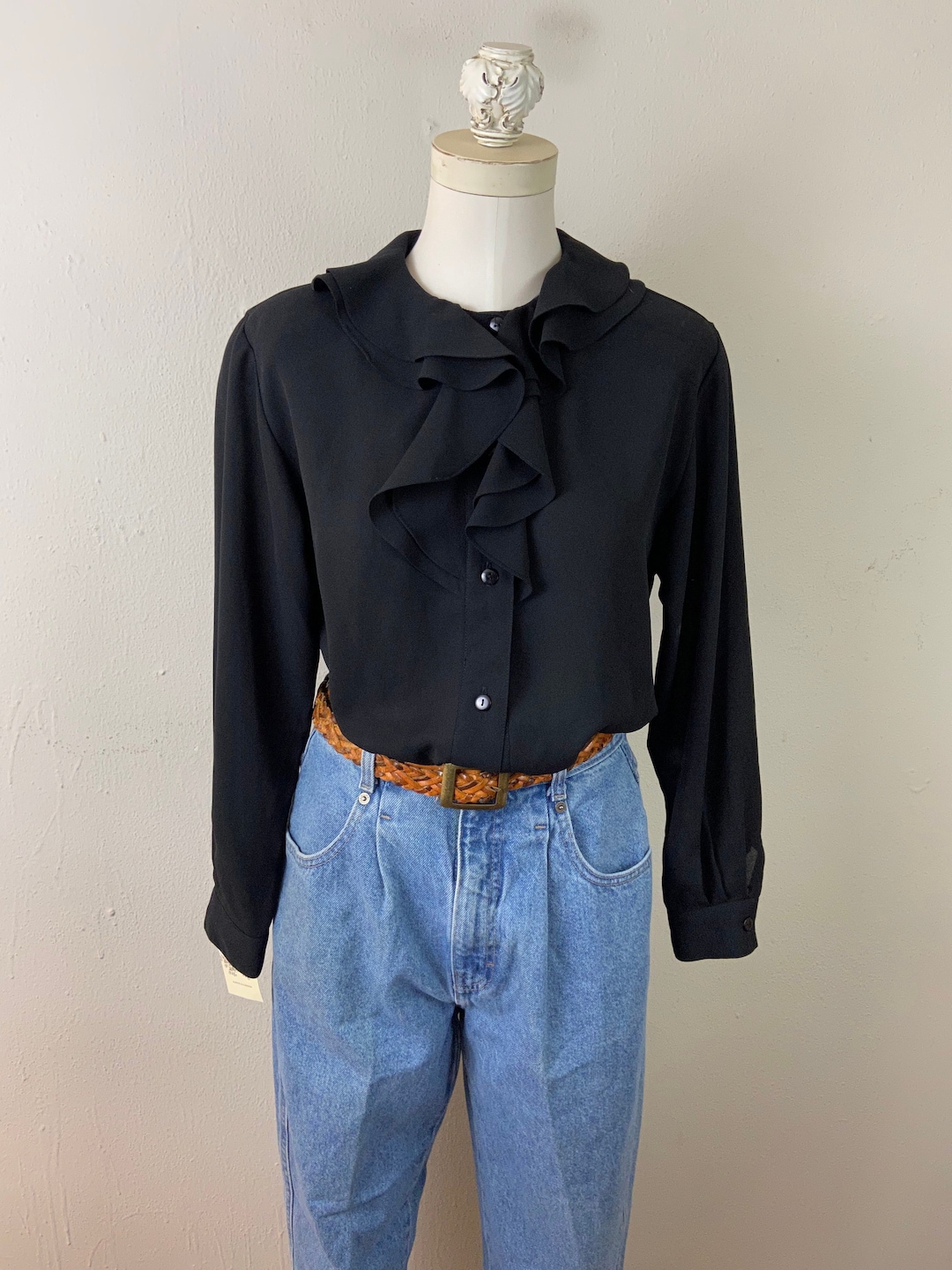 Vintage 90s Black Chiffon Ruffle Blouse - Romantic Balloon Sleeve Top ...