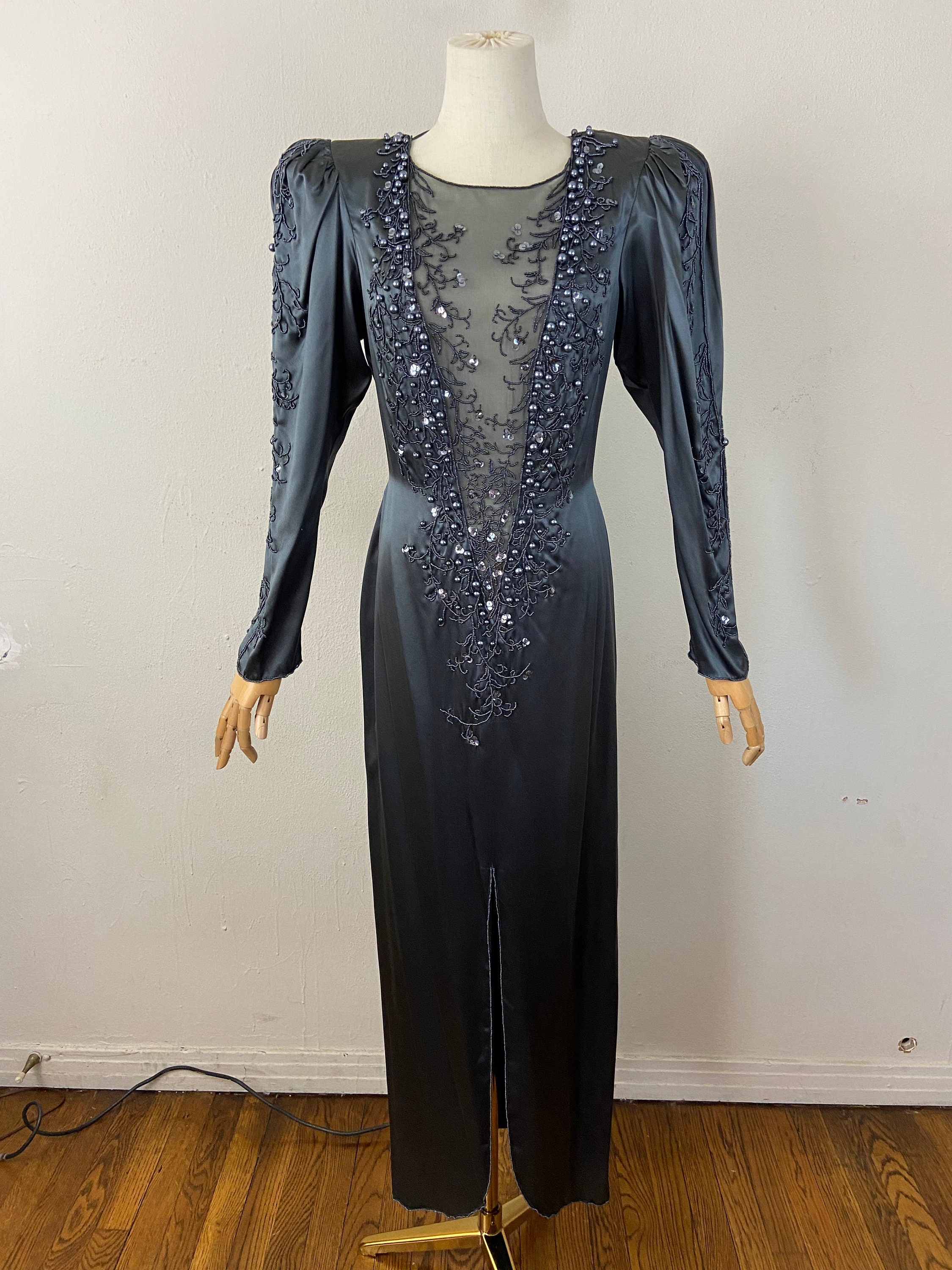 VINTAGE 80s Beaded and Transparent Shear Charcoal Gray Maxi
