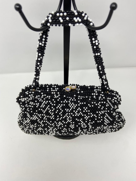 Vintage 1950s Acrylic black & white beads handbag
