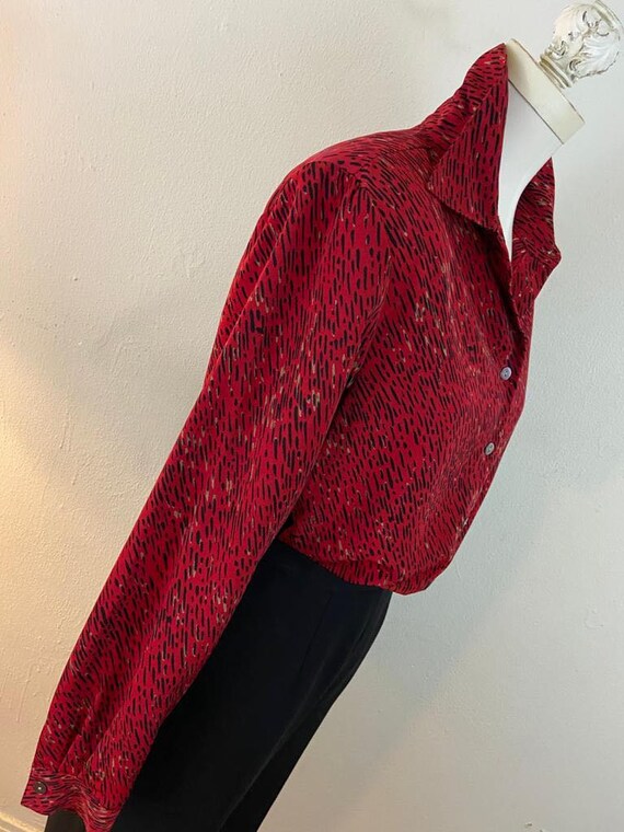 Vintage 80s Cardinal Red Blouse / Cotton Silk Ble… - image 4