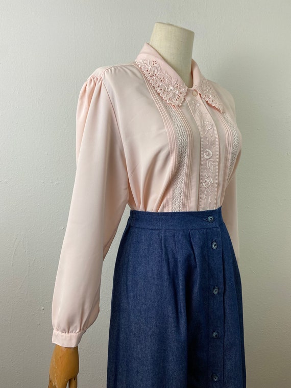 Vintage 90s Peach Embroidery Collard And Chest Bl… - image 7