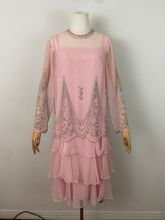 white christmas dresses Qianna Baby Pink Peplum Drop Waist Chiffon Gown
