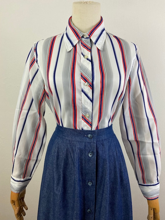 Vintage Blouse From Late 60s, Marine Colors Verti… - image 1