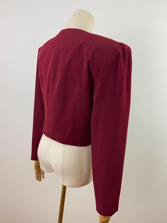 Vintage 80s Burgundy Bolero Jacket: Guipure Lace Collar, Puffy