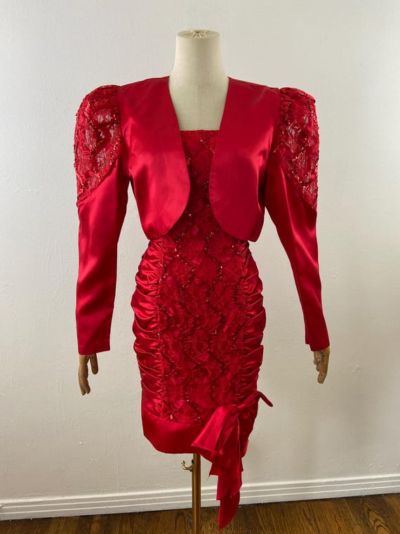 halter dress jacket Vinatge 90s Fire Red Embellished Lace With Toleró Set by Moments Category_Dresses/Shop by Style/Maxi Dresses