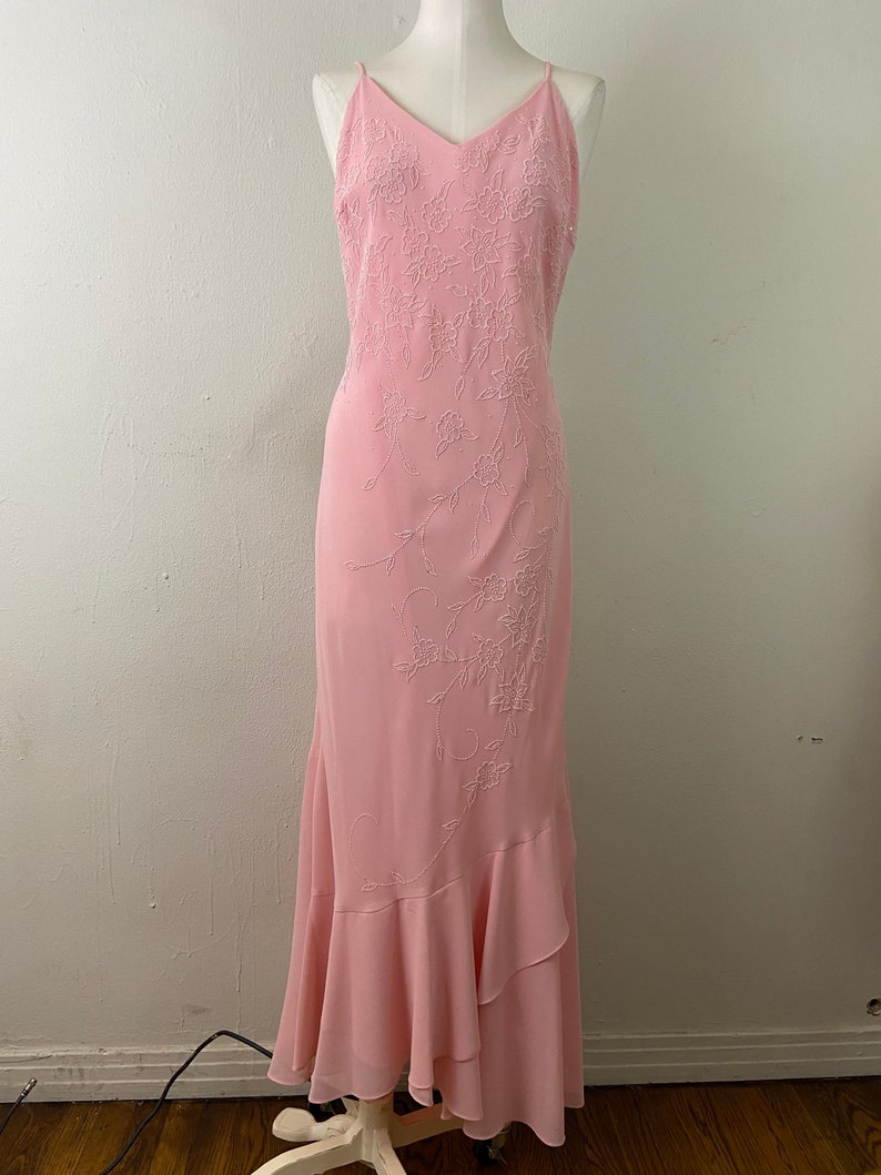 Vintage Early 90s Embellished Peach Maxi Formal Low Back Cut Imperio Sexy Dress By JULIET, PLUS SIZE Formal Sexy Dress, Size-2xl image 1