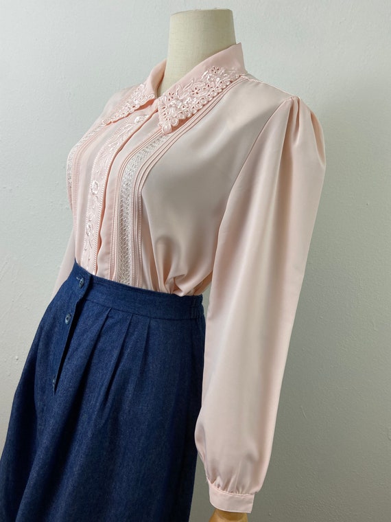 Vintage 90s Peach Embroidery Collard And Chest Bl… - image 4