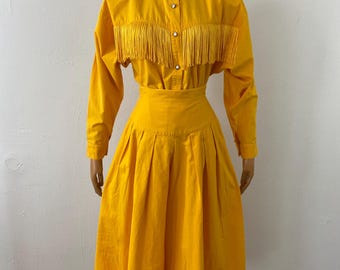 Vintage 80s Mustard Yellow Fringe With Silver Collar tips WESTERN Blouse & Palazzo Trouser Sets By Lilia Smitty.