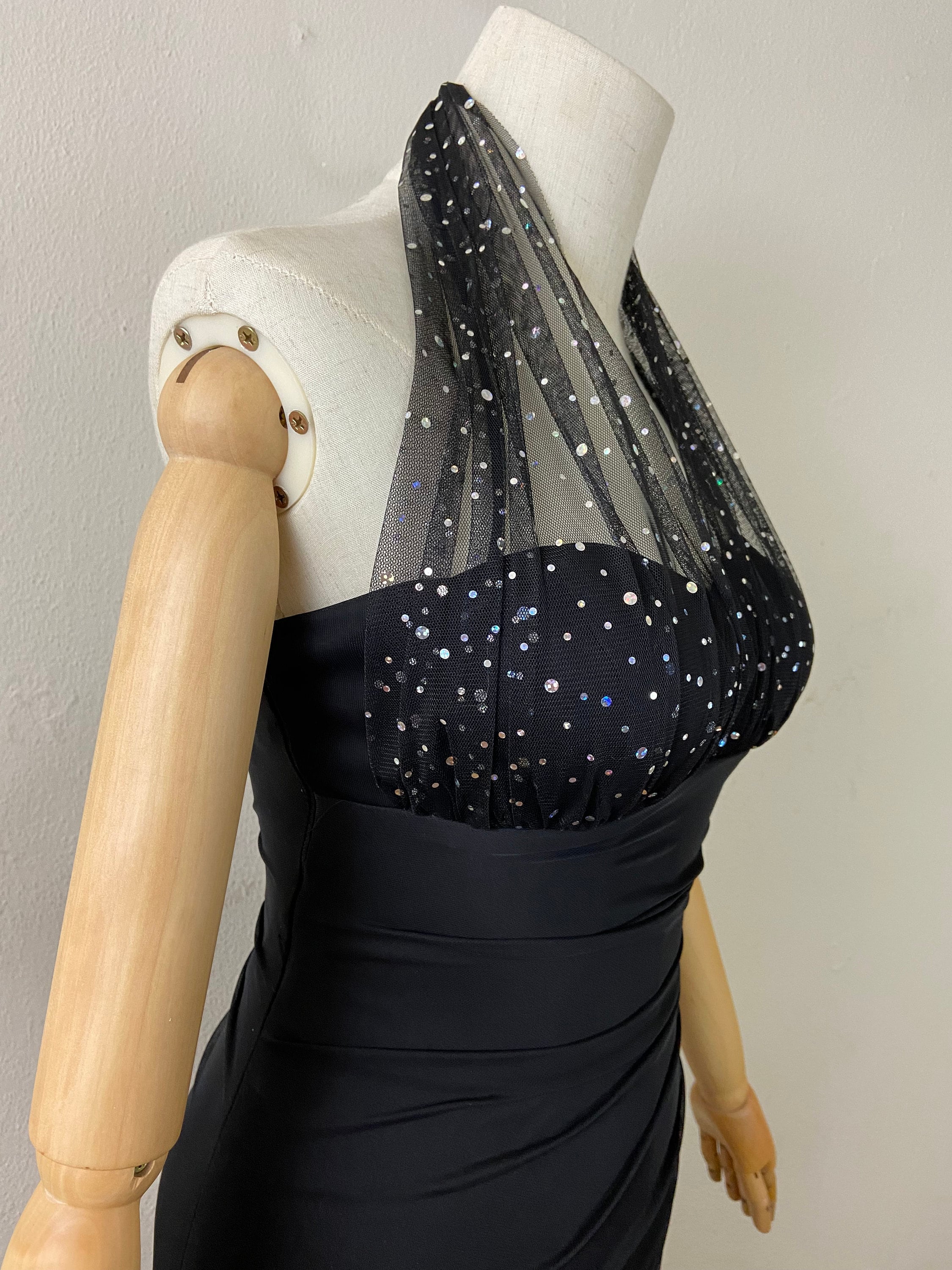 Vintage 80s Blondie Nites Black Halter Dress: Tulle Applique, Size 3