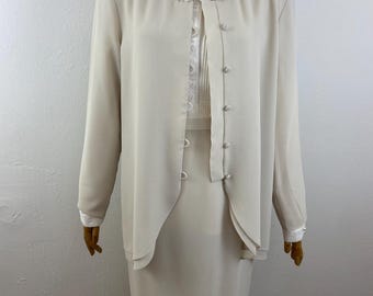 Vintage 90s Oyster Beige Beaded Collar Doble Layer Jacket And Skirt Set By PATRA/ Size-10. Embroidery Blouse All Included.