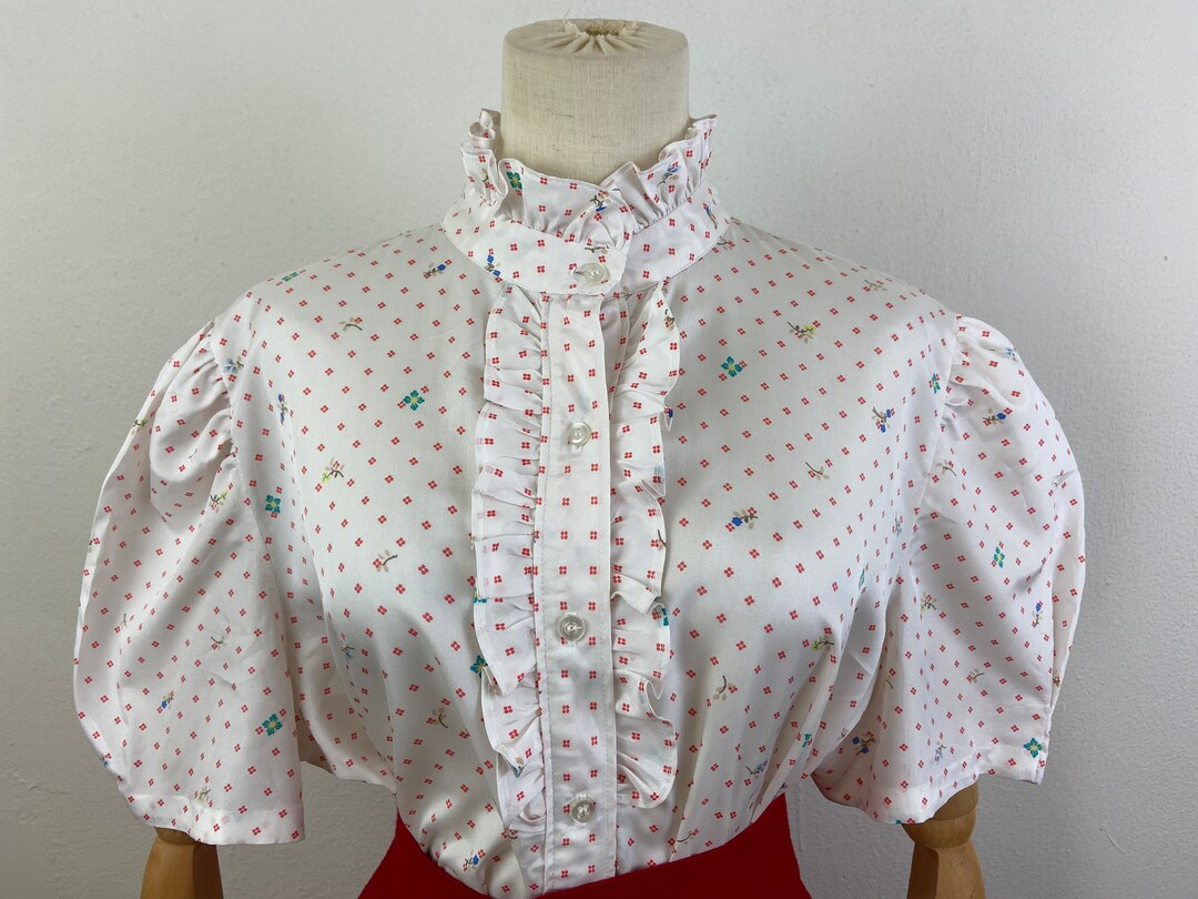 Vintage 70s Floral Print Blouse: Ruffle Collar, Puffy Sleeves, Size 16 ...